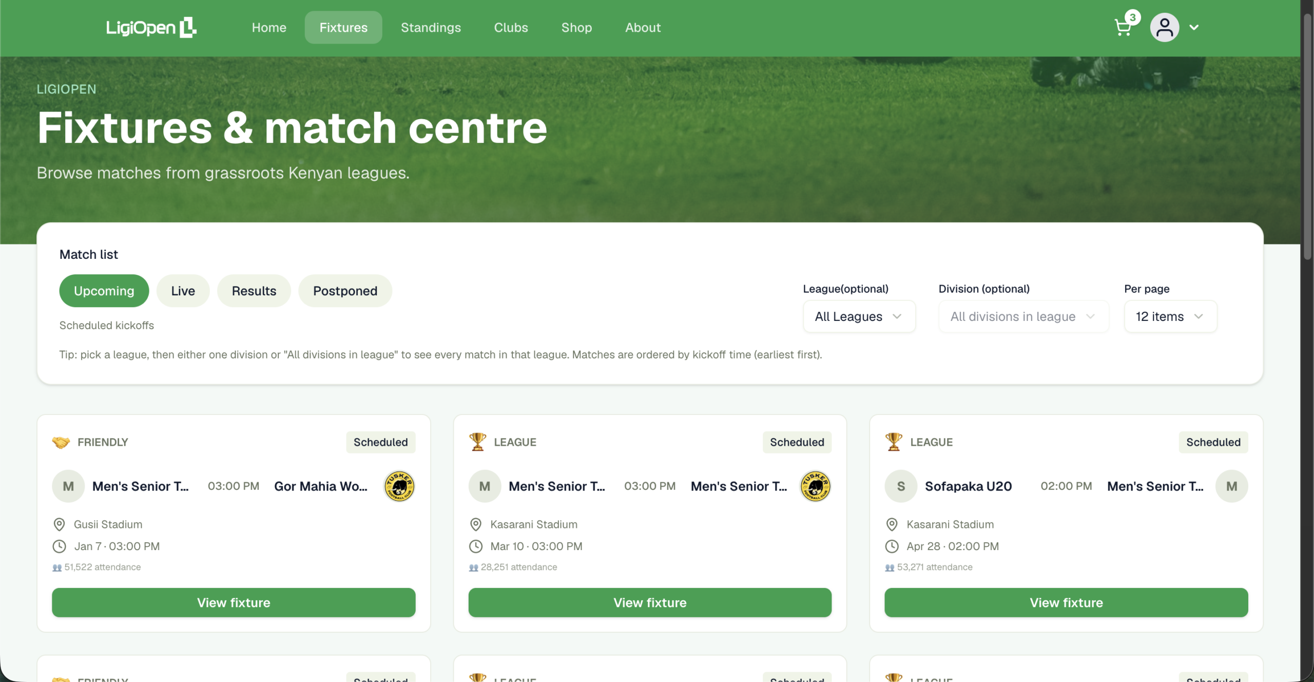 LigiOpen's Fixtures & Match Centre tracking grassroots Kenyan football from kickoff to full-time.